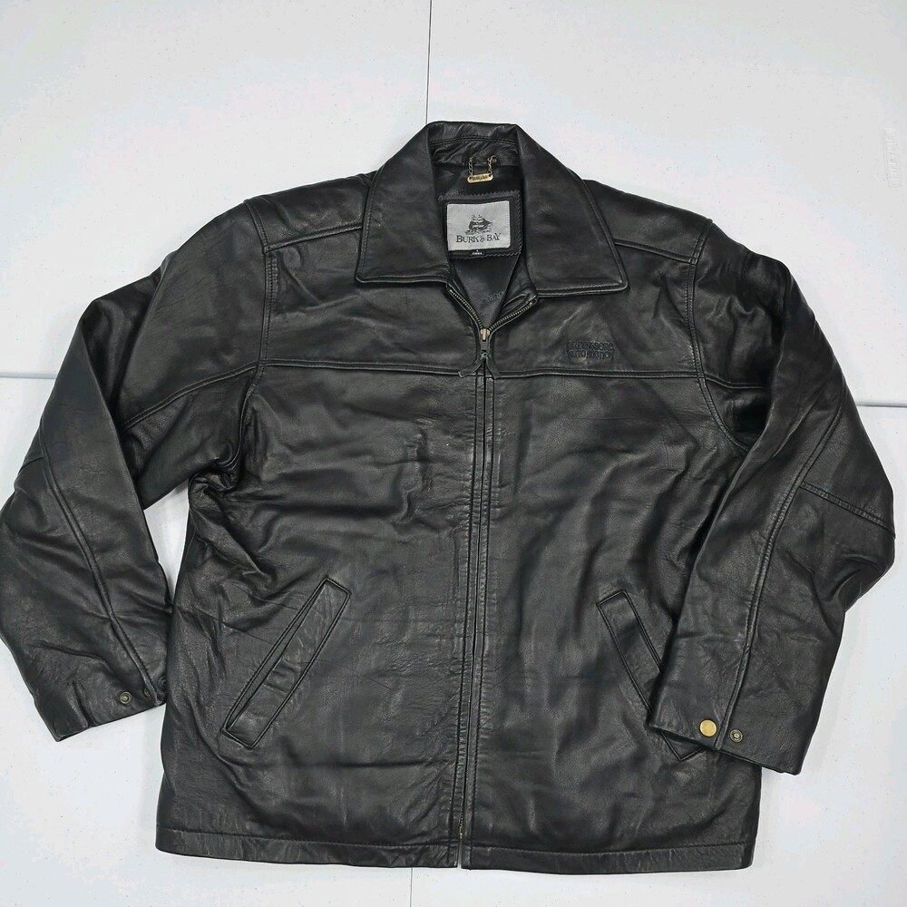 Burk's Bay Soft Black Leather Bomber Jacket Men L Company Logo Missing Snap